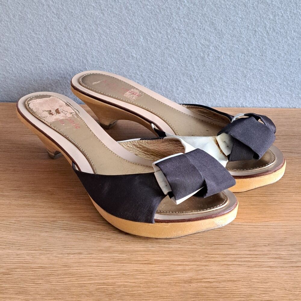 Kate Spade Vintage Women’s 8 Black Bow Kitten Heel Open Toe Sandals Clogs Wood